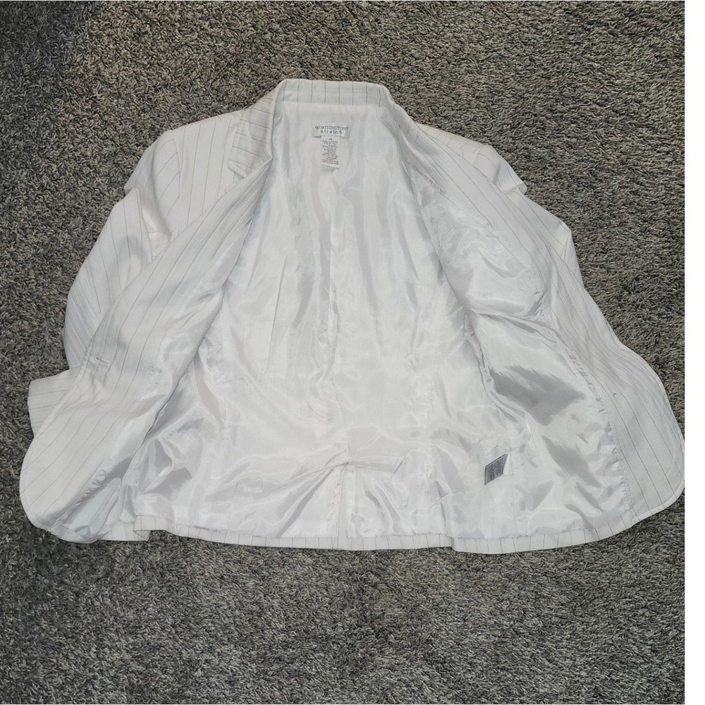 Worthington Stretch Womens White Pinstripe Blazer Single Button Jacket